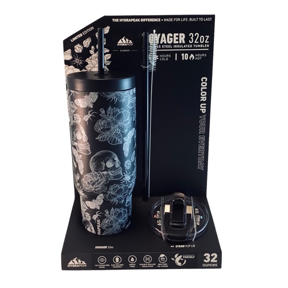 HydraPeak Water Bottle Tumbler Voyager 32oz Stainless Steel SKULLS & FLOWERS BLK - Picture 1 of 6